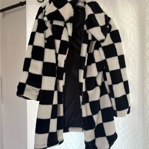Black and White Checkered Faux Fur Jacket